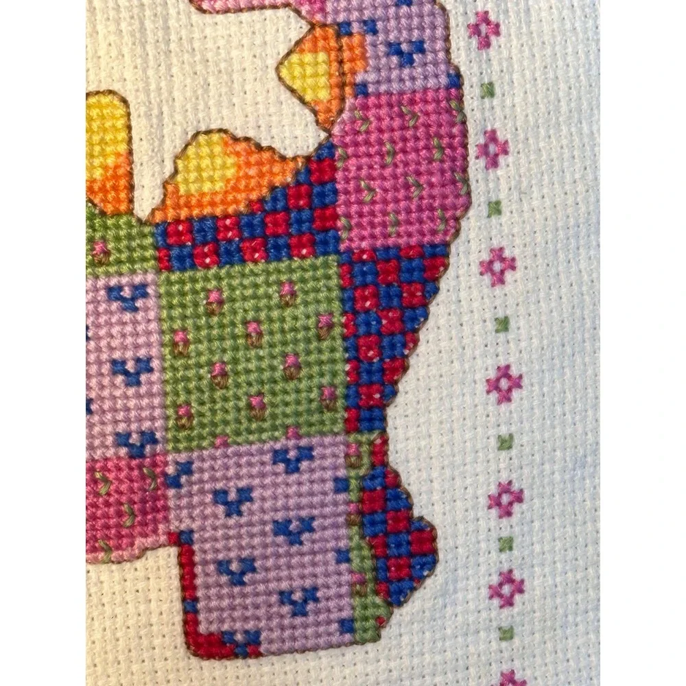 Vtg Handmade Puff the Magic Dragon Cross-stitch Pillow‎ Pink White Lace 13x13
